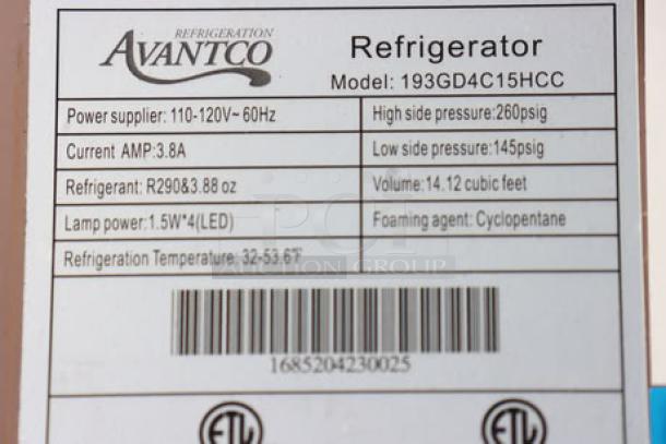 Refrigerator label with power specs, refrigerant type, and model number 193GD4C15HCC, serial number 1685204230025.