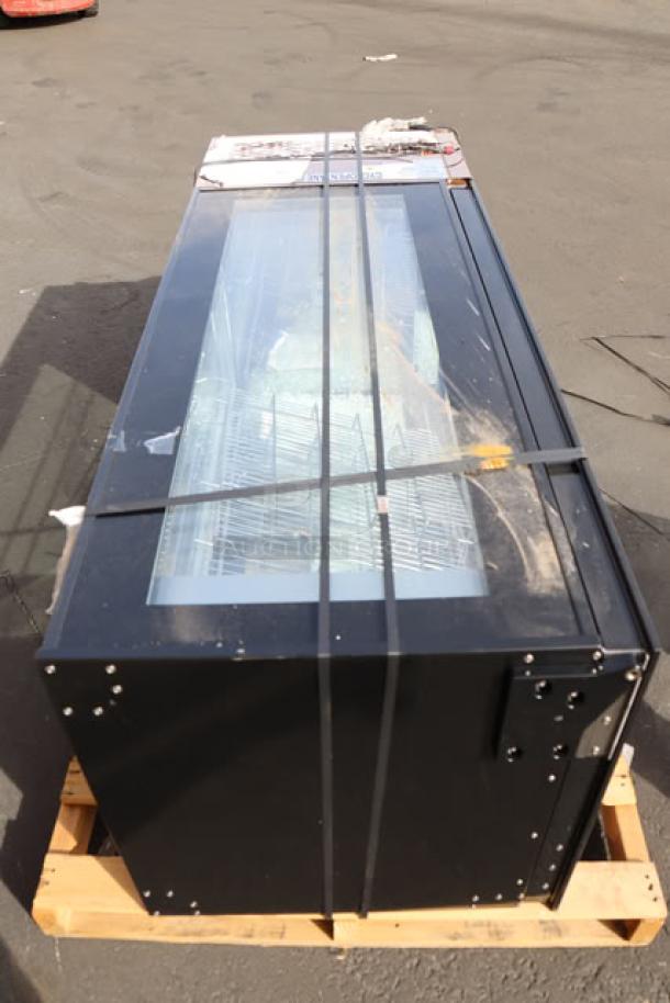 Brand new Avantco GD4C-15-HC copper refrigerated display case with shattered glass on one side, serial 1685204230025.