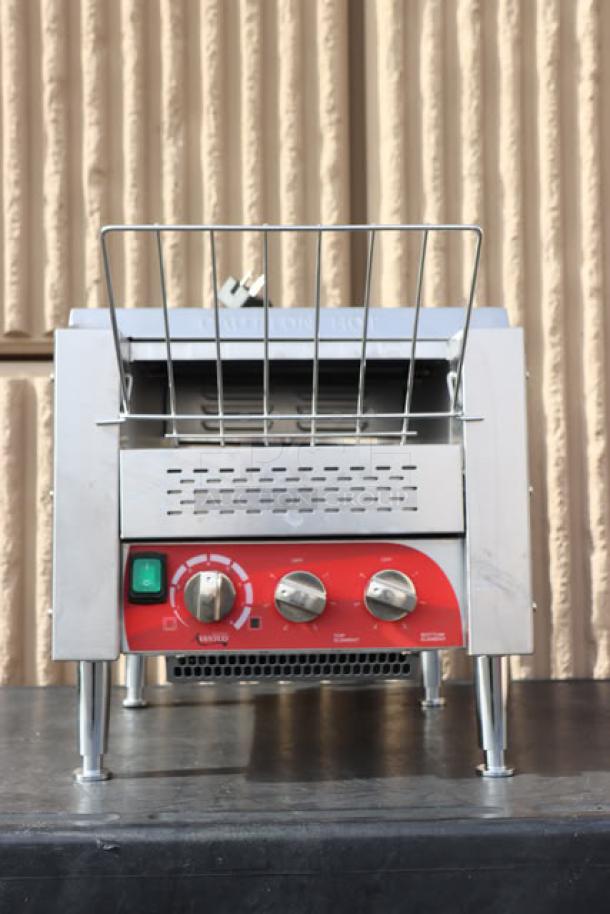 Avantco T3300B Conveyor Toaster, 10" wide, 3300W, 800 slices/hour, stainless steel, visible controls, sturdy legs.