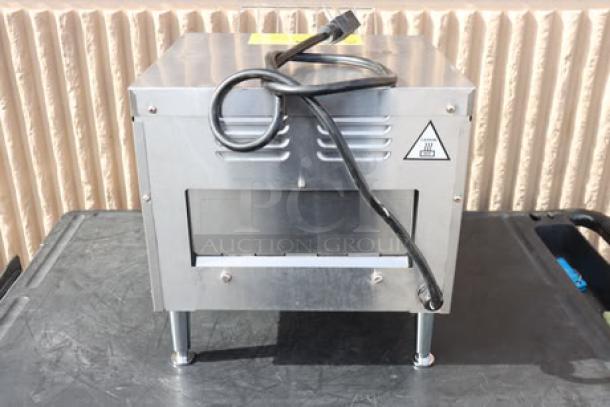 Avantco T3300B Commercial Conveyor Toaster, stainless steel, 10" wide, 3" opening, power cord wrapped, serial number visible.