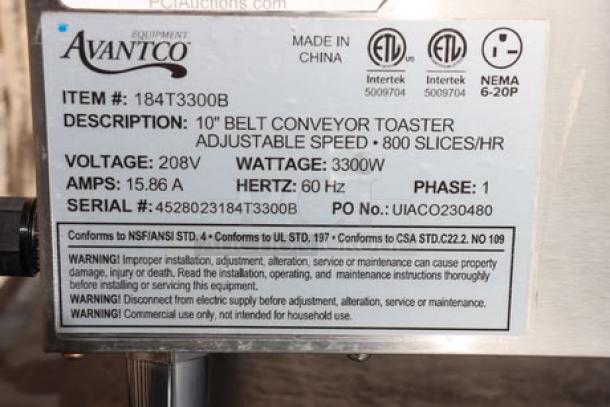 Avantco T3300B conveyor toaster label: 10" wide, 208V, 3300W, 800 slices/hr, S/N: 4528023184T3300B.