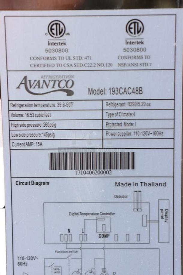 Avantco CAC-48 refrigerated merchandiser, black, serial: 1710406200002. Top glass shattered, working condition. 47 3/16" size.
