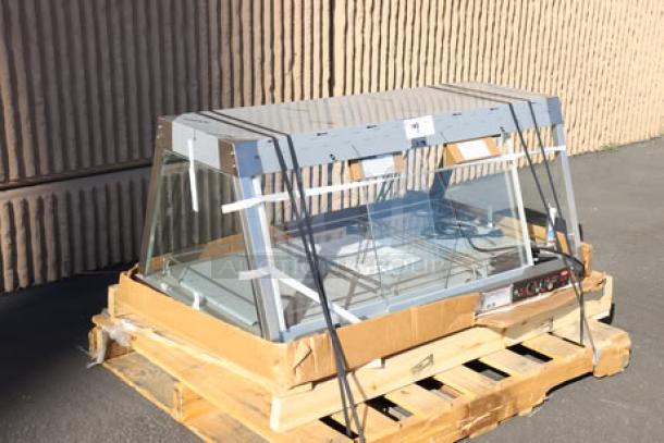 Hatco GRHD-3P stainless steel Glo-Ray merchandiser, 45.5" single shelf, 1,350 watts, visible missing back sliding doors.