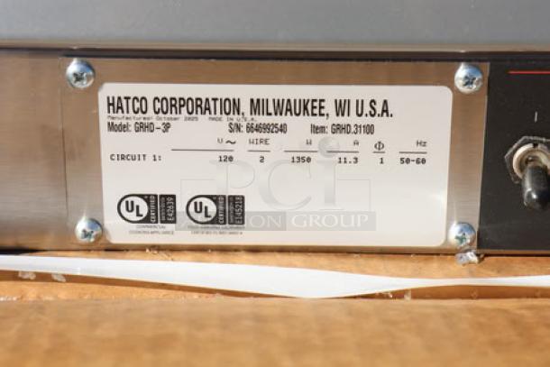 Hatco GRHD-3P merchandiser label, showing specifications with serial number 6846992540. Back sliding doors missing.