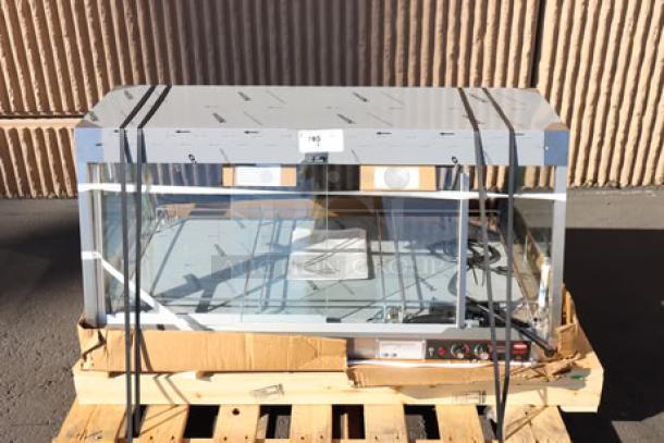 Brand new Hatco GRHD-3P stainless steel Glo-Ray 45.5" single shelf merchandiser. No original packaging, missing back sliding glass doors. 1,350 watts, 120 volts, 1 phase, S/N: 6846992540.