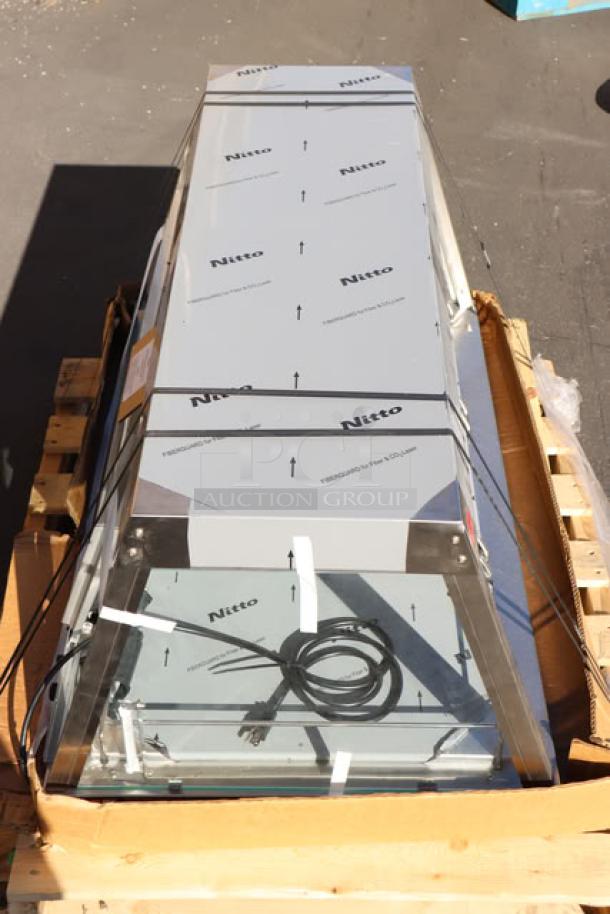 Hatco GRHD-3P stainless steel merchandiser, brand new, no packaging, 120V, 1,350W, missing back sliding glass doors.