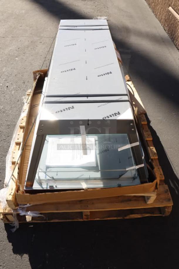 Hatco GRHD-3P Stainless Steel Merchandiser, brand new, missing back sliding glass doors, on pallet.