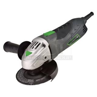 Genesis GAG645 6 Amp 4-1/2" Angle Grinder, black and green, with grip barrel, 2-position handle, lock switch, and grinding wheel.