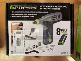 Genesis GLRT08-B 8V Rotary Tool, unopened box, 64-piece accessory set, removable lithium-ion battery, charging stand.