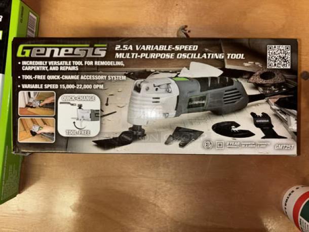 Genesis GMT25T 2.5A Oscillating Tool, new in box. Includes variable speed, quick-change system, 17 accessories, storage box.