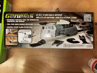 Genesis GMT25T 2.5A Oscillating Tool, new in box. Includes variable speed, quick-change system, 17 accessories, storage box.
