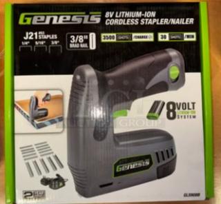 Genesis GLSN08B Cordless Staple Gun set, includes battery, charger, 500 staples, 500 nails. Brand new in box.