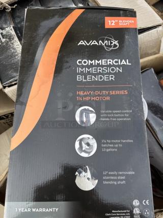 Brand new AvaMix IBHD12 immersion blender box, featuring a 12" removable shaft, 1 1/4 hp motor. Includes 1-year warranty.