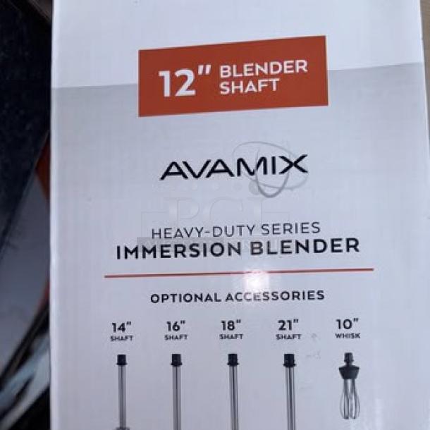 BRAND NEW AvaMix IBHD12 12" heavy-duty immersion blender box, features variable speed and 1 1/4 hp motor.