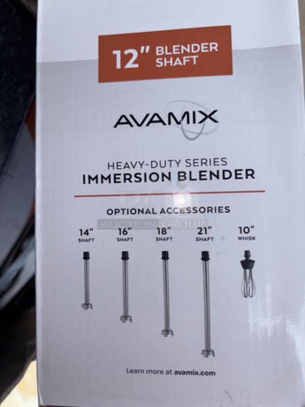 Brand new AvaMix IBHD12 immersion blender box with 12" heavy-duty shaft and optional accessories shown.