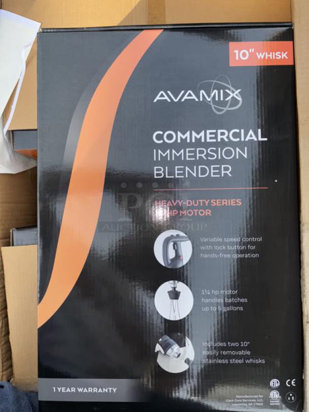 Brand new AvaMix IBHDW10 immersion blender with 10" whisk, 1 1/4 hp, and variable speed. Features include hands-free lock and 1-year warranty.