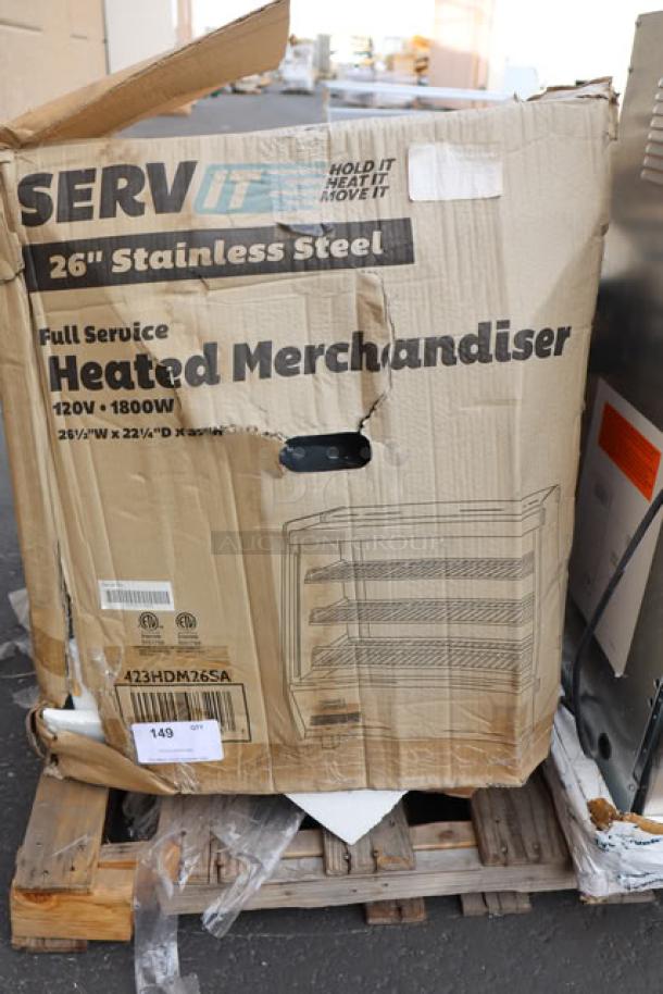 ServIt HDM-26 26" heated display case in damaged original box. No observed damage to unit. 120V, 1800W, sliding doors.