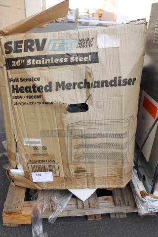 ServIt HDM-26 26" heated display case in damaged original box. No observed damage to unit. 120V, 1800W, sliding doors.