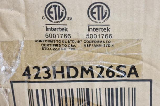 ServIt HDM-26 heated display case packaging with visible Intertek certification labels and model number 423HDM26SA. Original box damaged, contents appear intact.