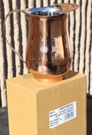 Acopa 64 oz. Satin Copper Slender Bell Pitcher with Ice Guard, model 176PITCHSC2Q, new condition, on labeled box.