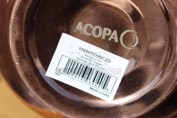 Acopa 64 oz. Satin Copper Stainless Steel Slender Bell Pitcher with Ice Guard, Model 176PITCHSC2Q, brand new, Made in India.