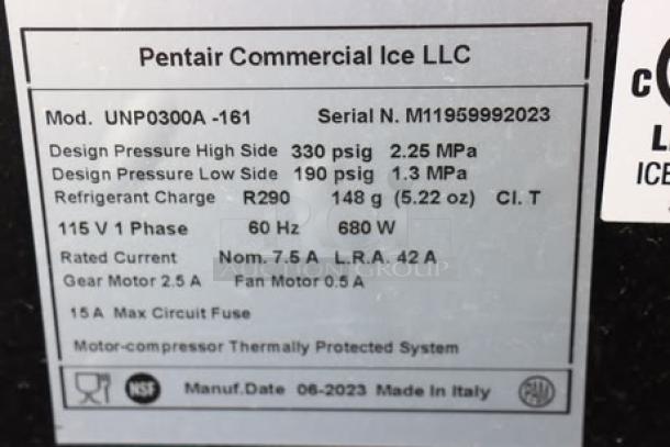 BRAND NEW Manitowoc UNP0300A-161 Ice Machine, 325 lb capacity, 50 lb bin, marked M11959992023, air-cooled, R290 refrigerant.
