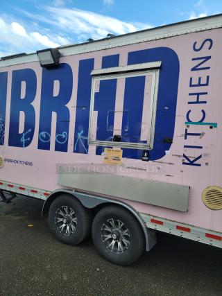 2021 16' REEF/NBRHD mobile kitchen trailer exterior, pink and blue, dual axle, ventilation, ordering window, minor wear.
