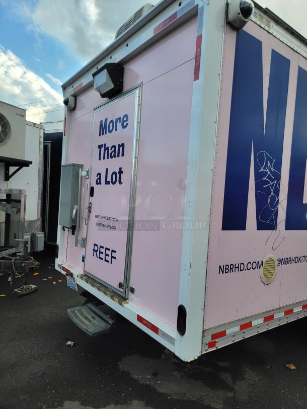 2021 Quality 16' mobile kitchen trailer, REEF/NBRHD branding, pink exterior, security cameras, VIN: 1Z9Z1ET23MP475438.