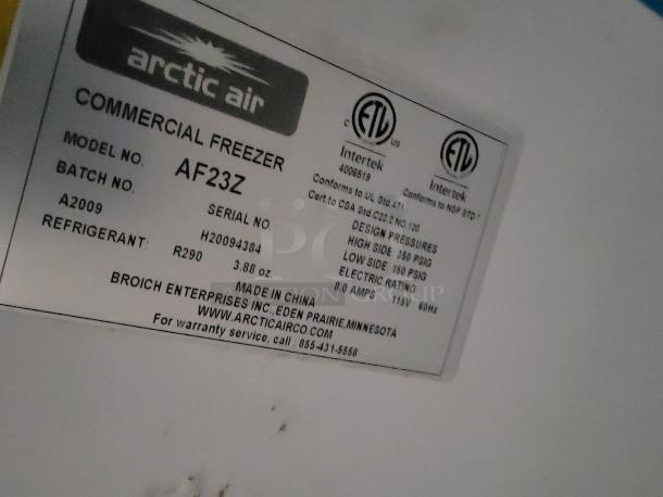 Label on Arctic Air commercial freezer model AF23Z, serial H20094384, details specs and compliance standards.