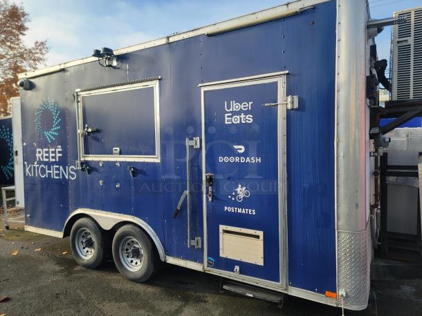 2019 Diamond Cargo 16' food trailer, blue exterior, REEF Kitchens branding, delivery service logos, VIN: 53NBE1626L1076978.