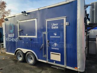 2019 Diamond Cargo 16' food trailer, blue exterior, REEF Kitchens branding, delivery service logos, VIN: 53NBE1626L1076978.