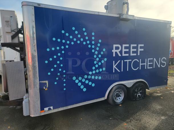 2019 Diamond Cargo 16' food trailer from REEF Kitchens. Blue exterior, fully equipped stainless interior, VIN 53NBE1626L1076978.