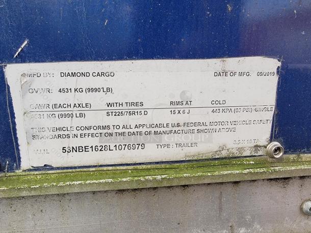 Label on 2019 Diamond Cargo food trailer showing GVWR 9,990 lb, VIN 53NBE1628L1076979, and compliance with U.S. safety standards.
