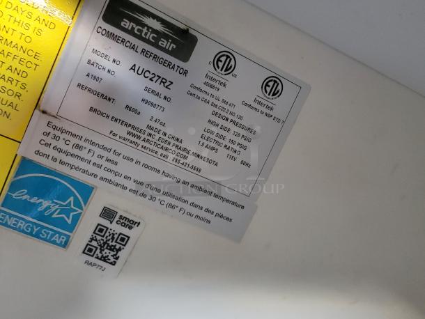 Label inside 2019 Diamond Cargo 16' food trailer shows Arctic Air AUC27RZ model, energy-efficient, ETL listed, Smartcore QR code.