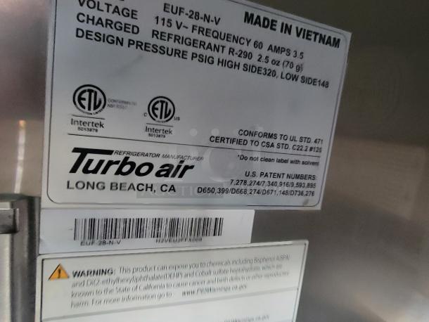 Label on Turbo Air refrigeration unit, model EUF-28-N-V, Made in Vietnam. 115V, 60Hz, uses R-290 refrigerant.