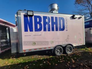 2020 Diamond Cargo 16' food trailer, NBRHD branding, dual axle, pink exterior, ready for operation, equipped kitchen.