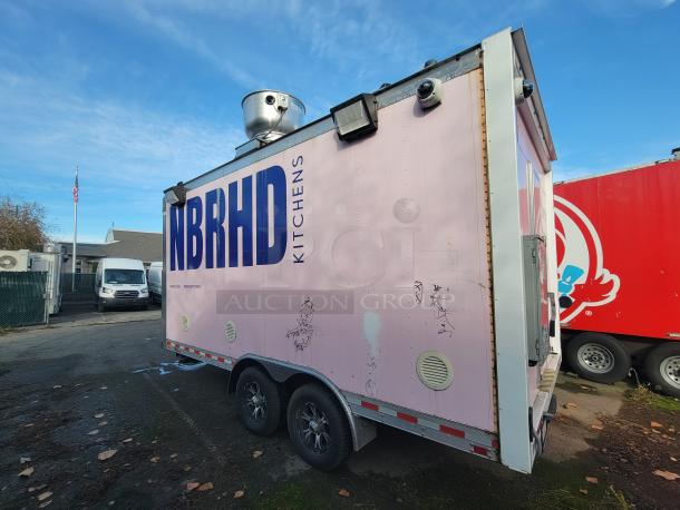 2020 Diamond Cargo 16' food trailer, pink exterior, with "NBRHD Kitchens" text. Well-maintained, equipped for professional kitchen use.