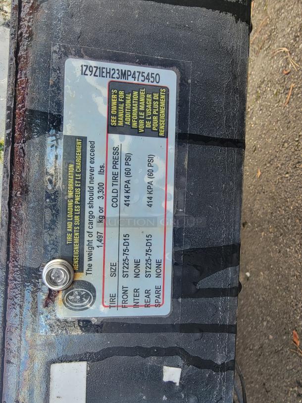 VIN label for 2020 Diamond Cargo 16' food trailer, showing tire size ST225/75-D15 and cold tire pressure 414 KPA (60 PSI).