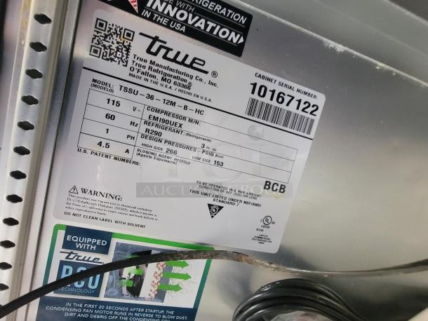 Label on True refrigeration unit in 2020 Diamond Cargo trailer. Model: TSSU-36-12M-B-HC. Serial: 10167122. Made in USA.