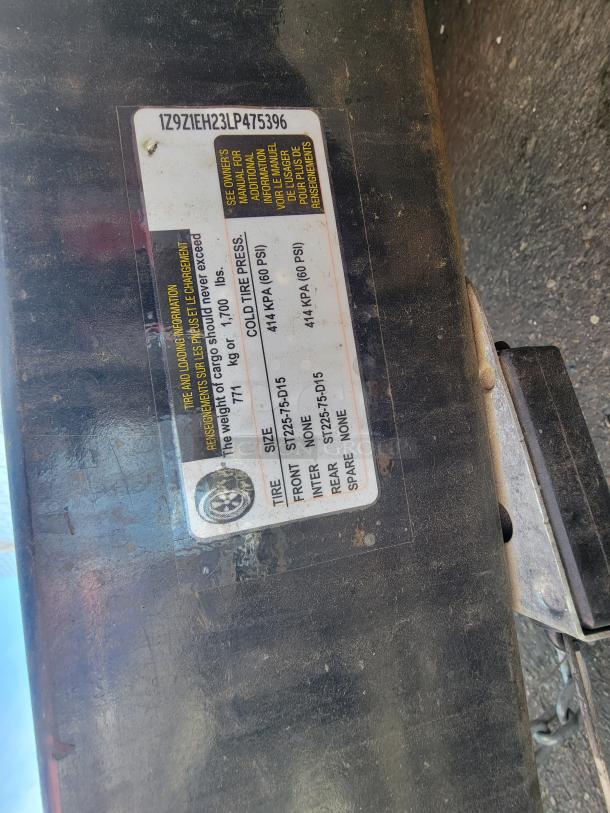 VIN label on a 2020 Quality 16' mobile kitchen trailer. Includes tire size details and load information.