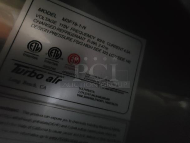 Turbo air model label indicating Model M3F19-1-N, voltage 115V, frequency 60Hz, current 4.5A.