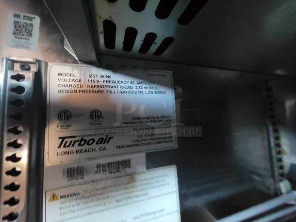 Turbo air refrigeration unit label: Model MST-36-N6, 115V, R-600a refrigerant, conforms to UL and CSA standards.
