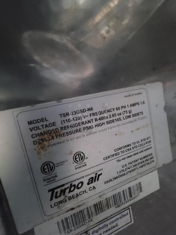 Turbo Air refrigeration label, Model TSR-23GSD-N6, voltage 110-120V, with certification marks and instructions, Long Beach, CA.
