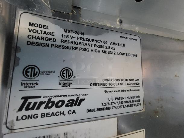Turbo Air refrigeration label on 2020 Quality 16' food trailer, model MST-28-N, voltage 115V, frequency 60Hz.
