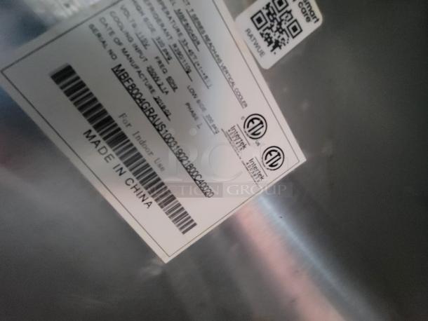 Label on food trailer equipment showing model MBF8004GGR, made in China, for indoor use.