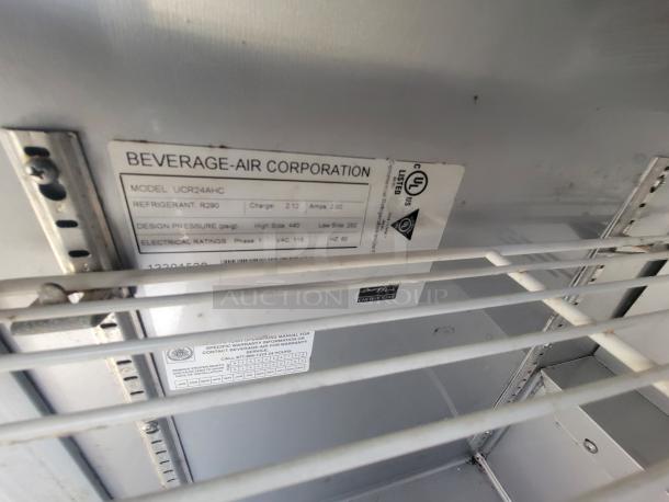 Beverage-Air Corporation label inside the food trailer, showing model UCR24A-HC, refrigerant R290, and electrical ratings.