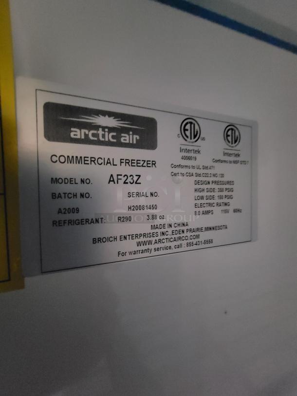 Label on Arctic Air commercial freezer in the mobile food trailer. Model AF23Z, serial H20081450, uses R290 refrigerant.