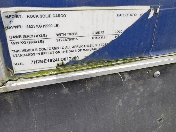 2020 Rock Solid Cargo Trailer info tag showing GVWR 4531 kg, VIN 7H2BE1624LD017880, and manufacturing details.
