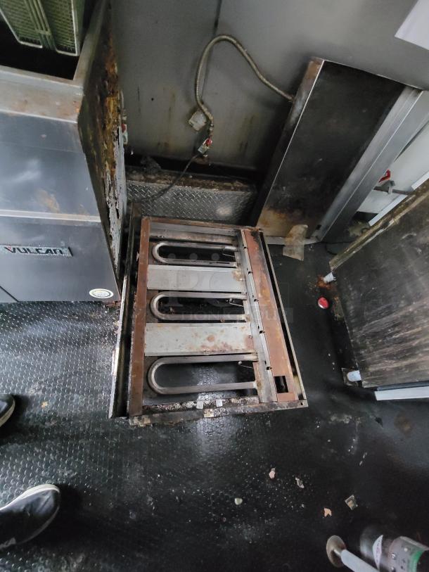 2020 Rock Solid 16' mobile trailer interior showing Vulcan-style electric equipment with visible wear, suitable for ghost kitchen use.