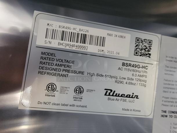 Label for Blue Air FSE LLC refrigeration unit, model BSR49G-HC, 115V/60Hz, 6.0 AMPS, using R290 refrigerant. Made in Korea.